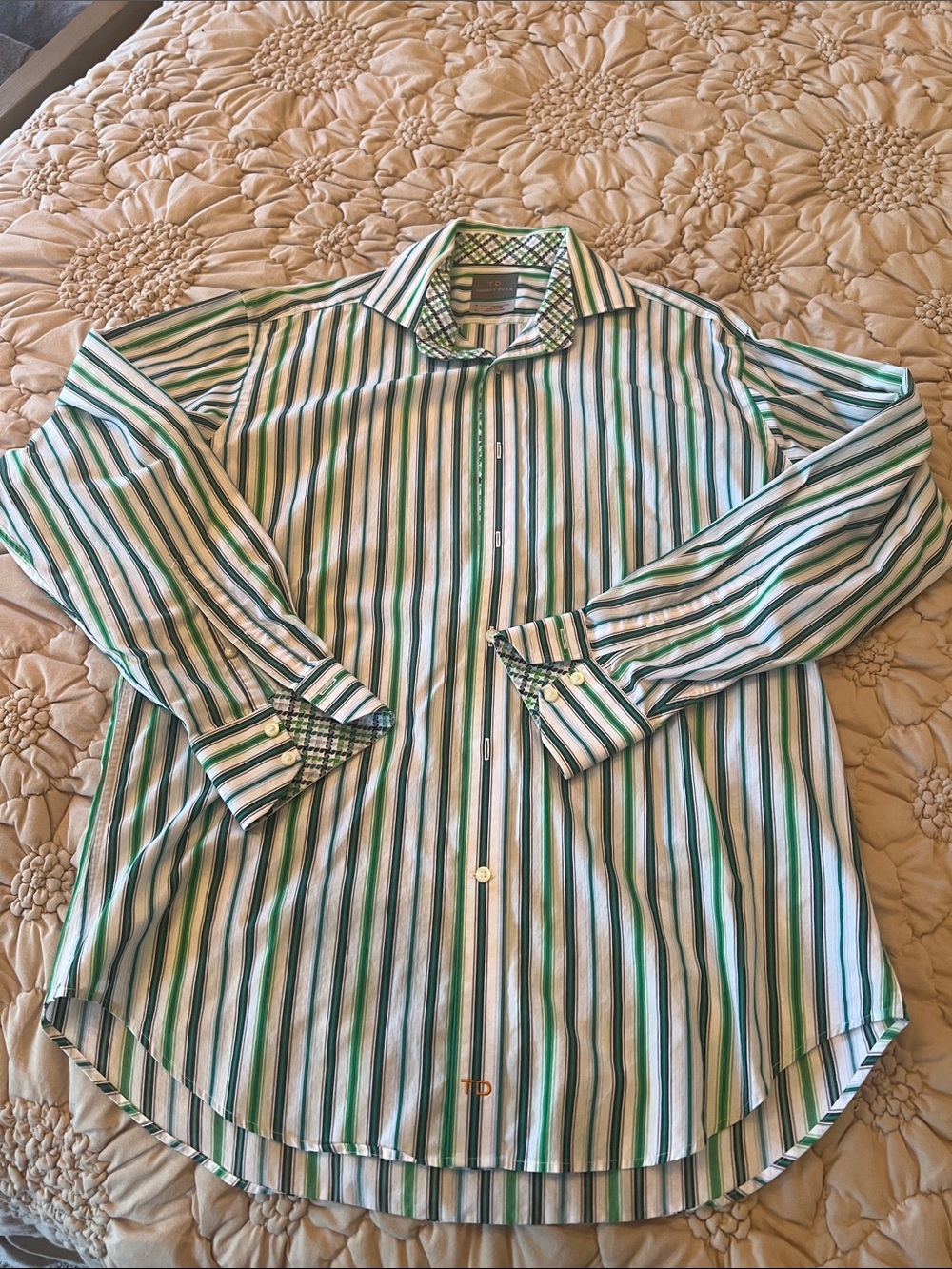 Thomas Dean Men's Green & White Striped Flip Cuff Dress Shirt -